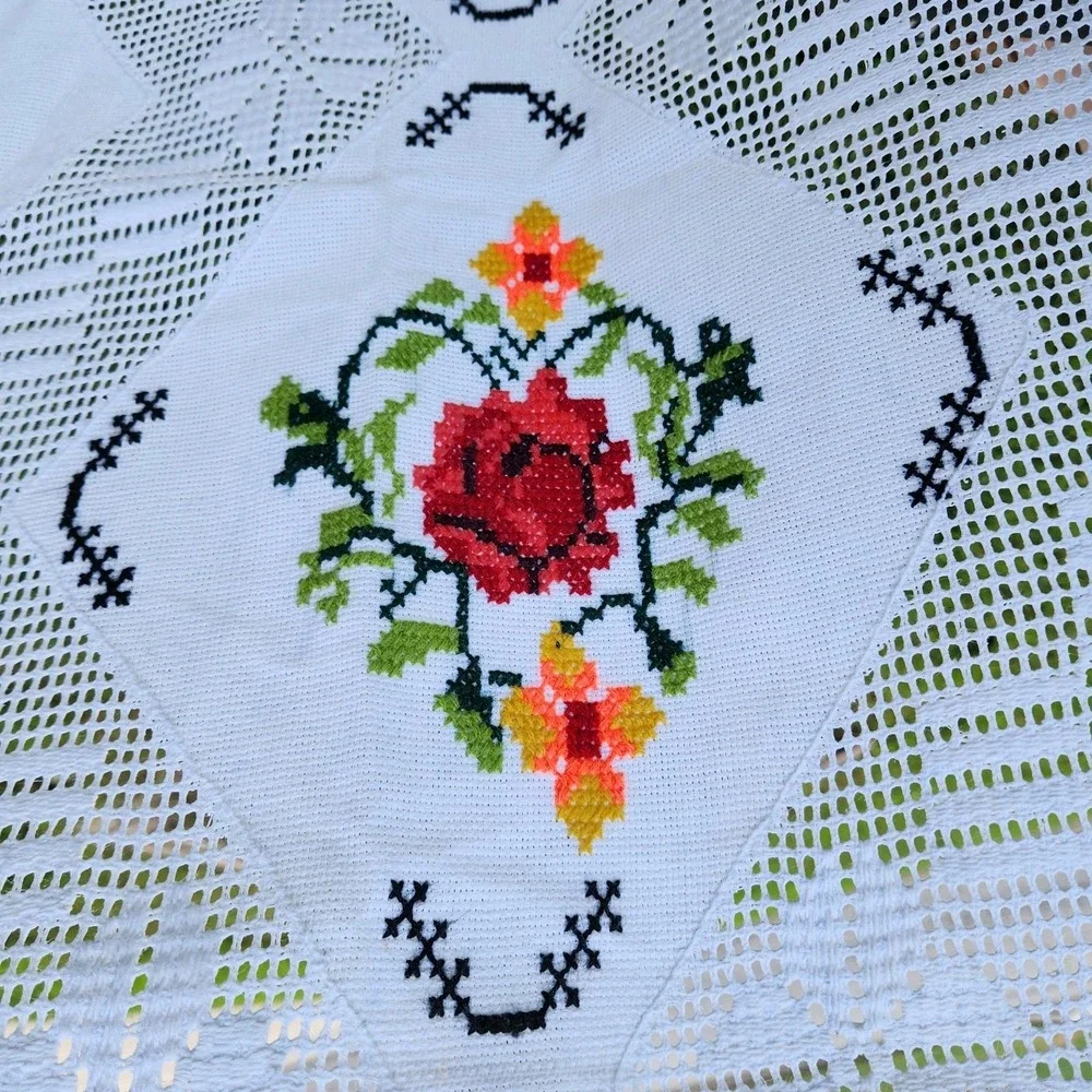 Vintage Embroidered Floral Tablecloth Cross Stitch Openwork Lace Cottagecore